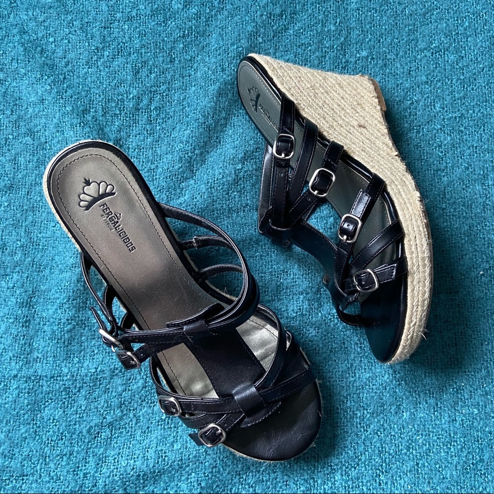 Fergalicious Black Strappy Wedge Sandals, size 9.5